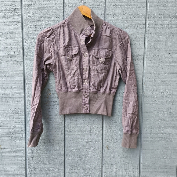 y2k SO Linen Cotton Cropped Bomber Jacket XS/S Taupe Gray Cool Girl Soft Grunge - Picture 1 of 7